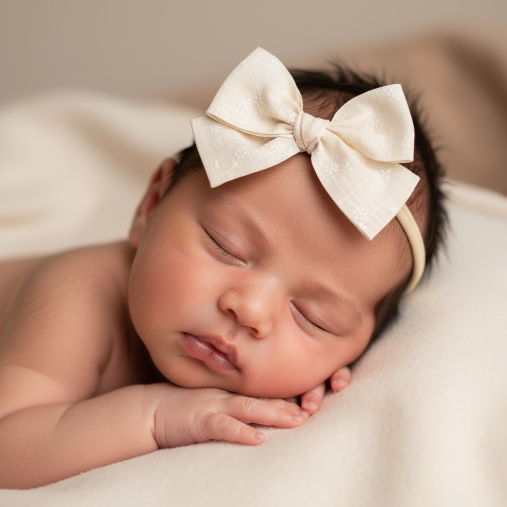 Ivory floral fabric bow on a headband