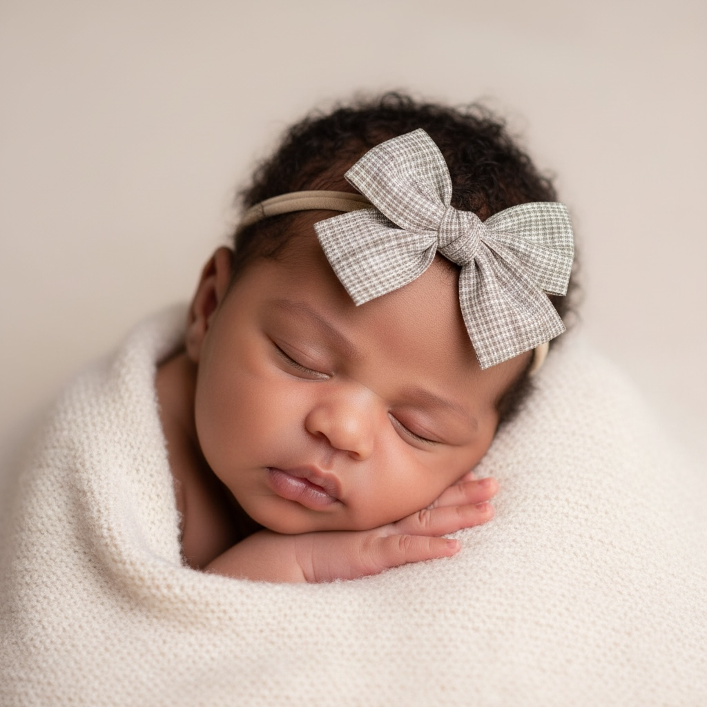 Checked brown fabric bow on a headband