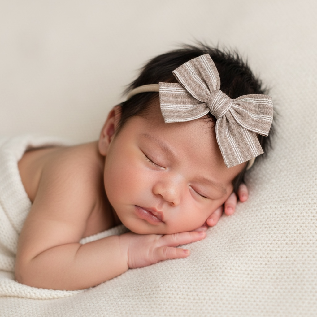 Stripy brown fabric bow on a headband