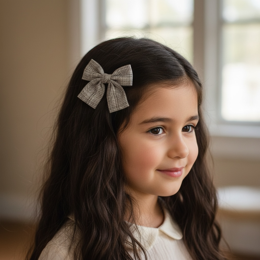 Checked light brown fabric bow