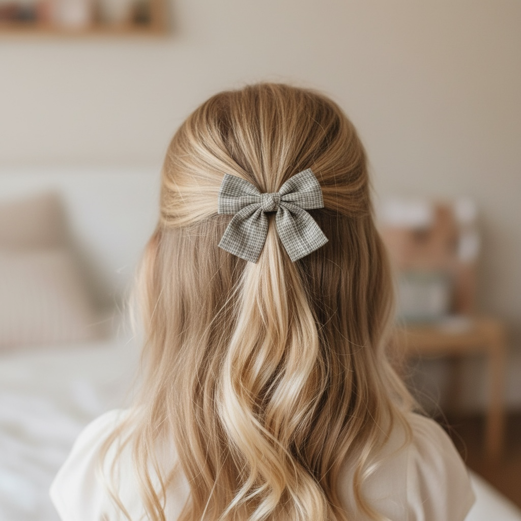 Checked light brown fabric bow