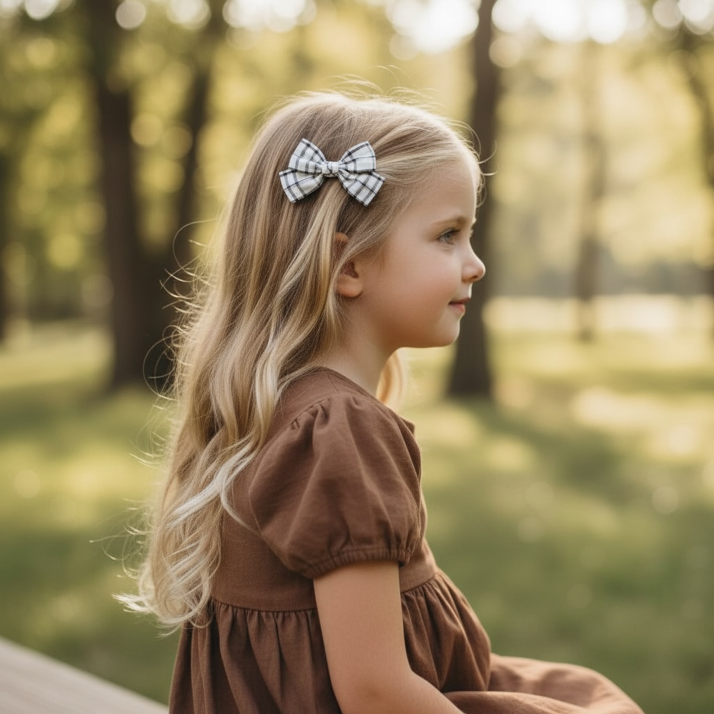 Dark brown checked fabric bow