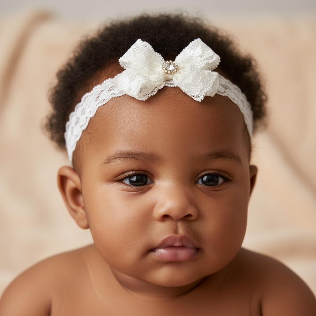 Off white lace bow decorated with rhinestone