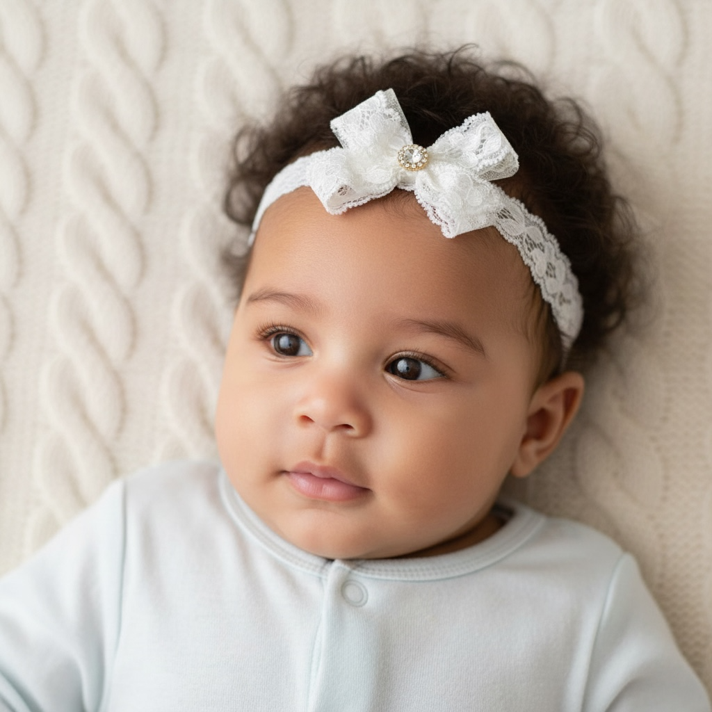 Off white lace bow decorated with rhinestone