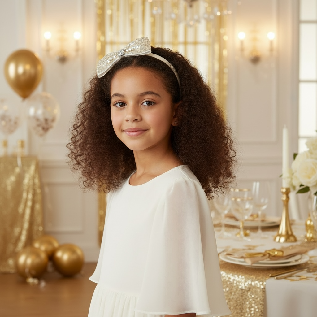 Gold sequin bow on a ivory satin alice band
