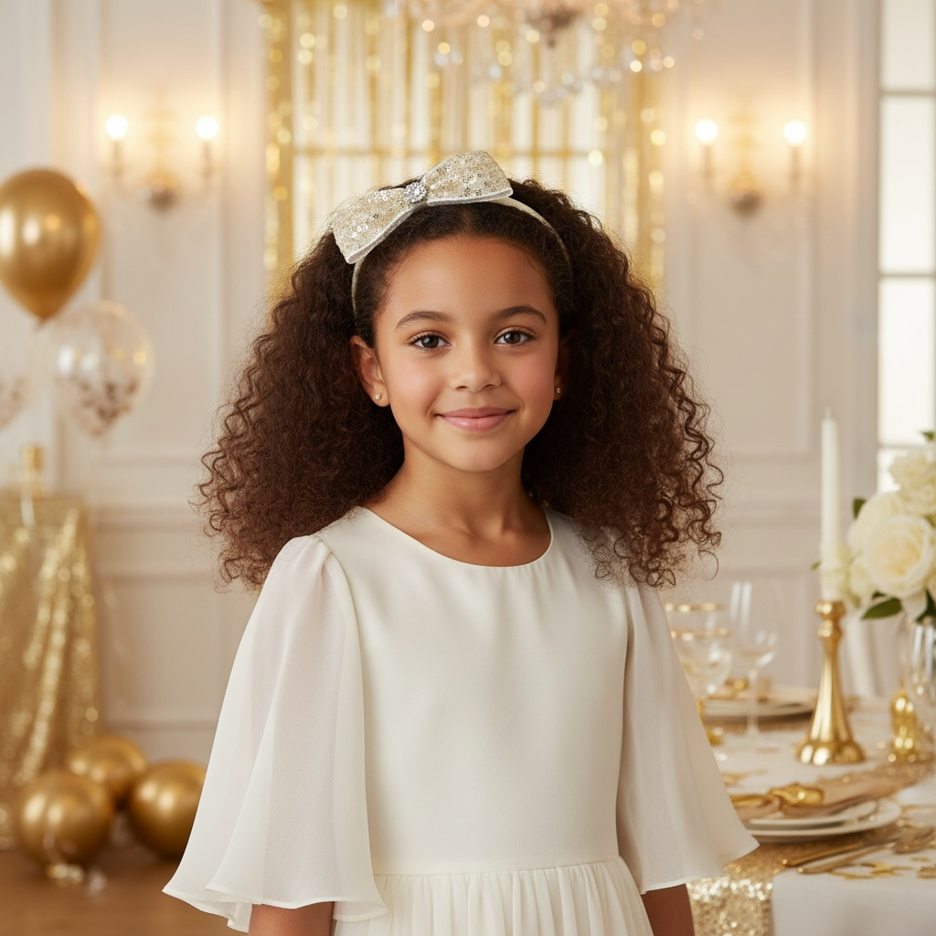 Gold sequin bow on a ivory satin alice band