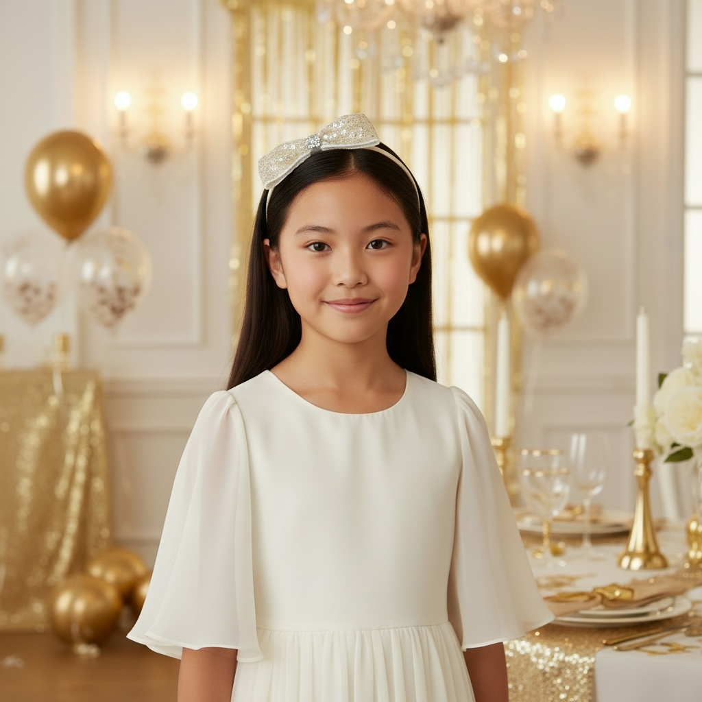 Gold sequin bow on a ivory satin alice band