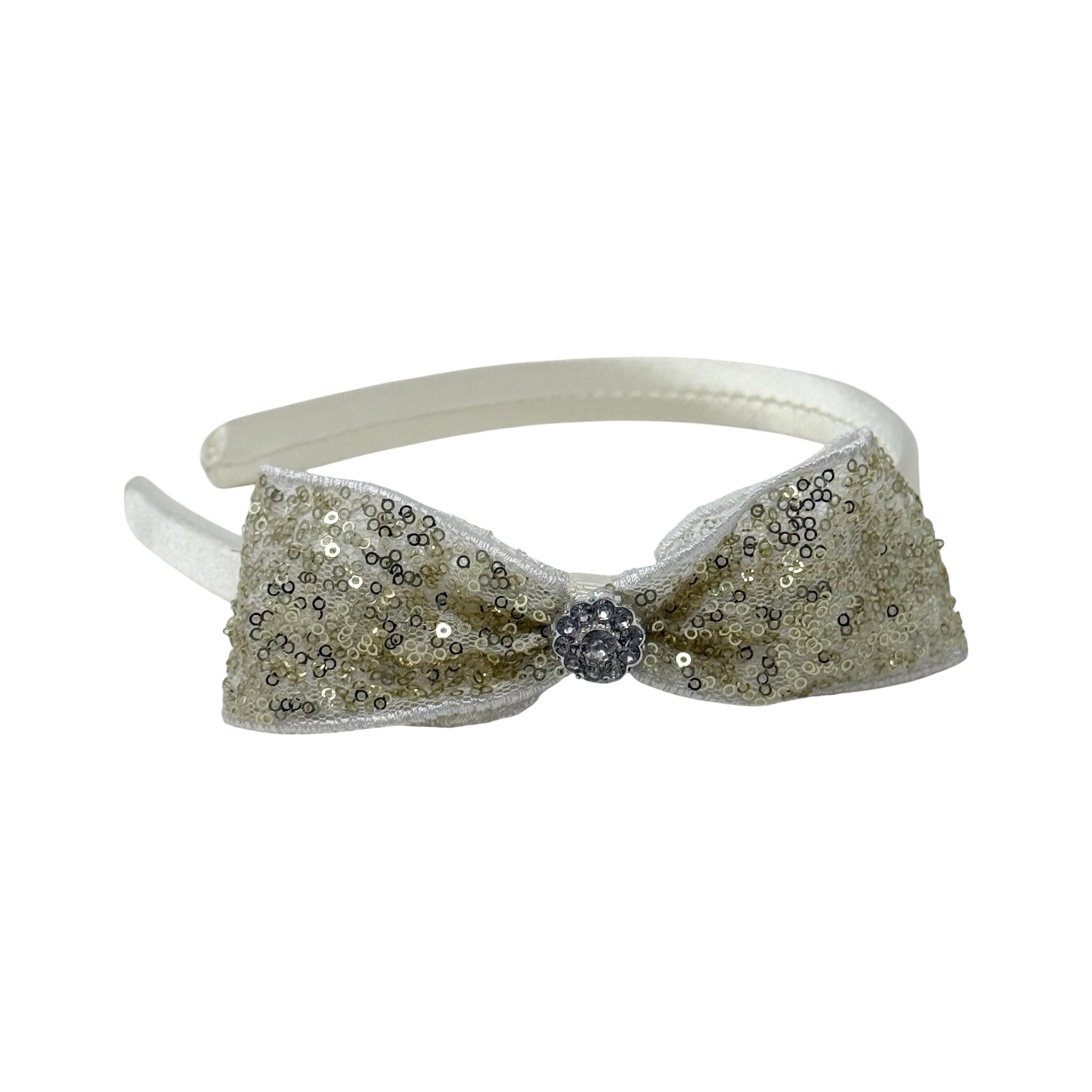 Gold sequin bow on a ivory satin alice band