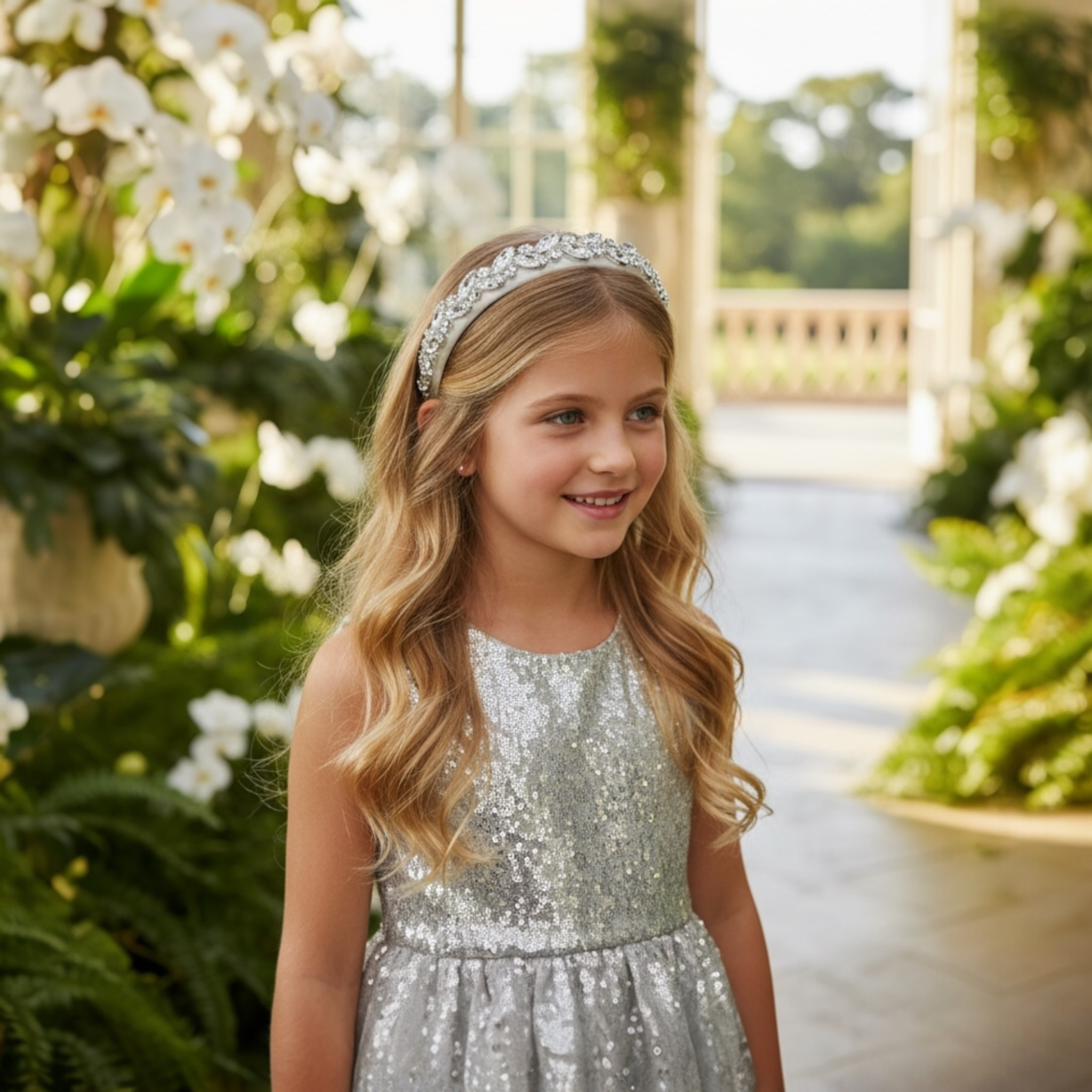 Clear diamante blue trim on a satin alice band