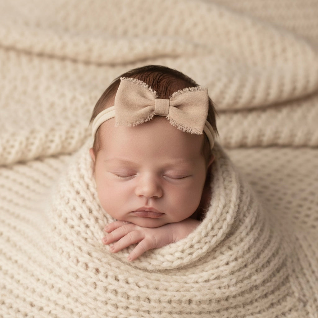 Frayed chiffon bow on an ivory tie back