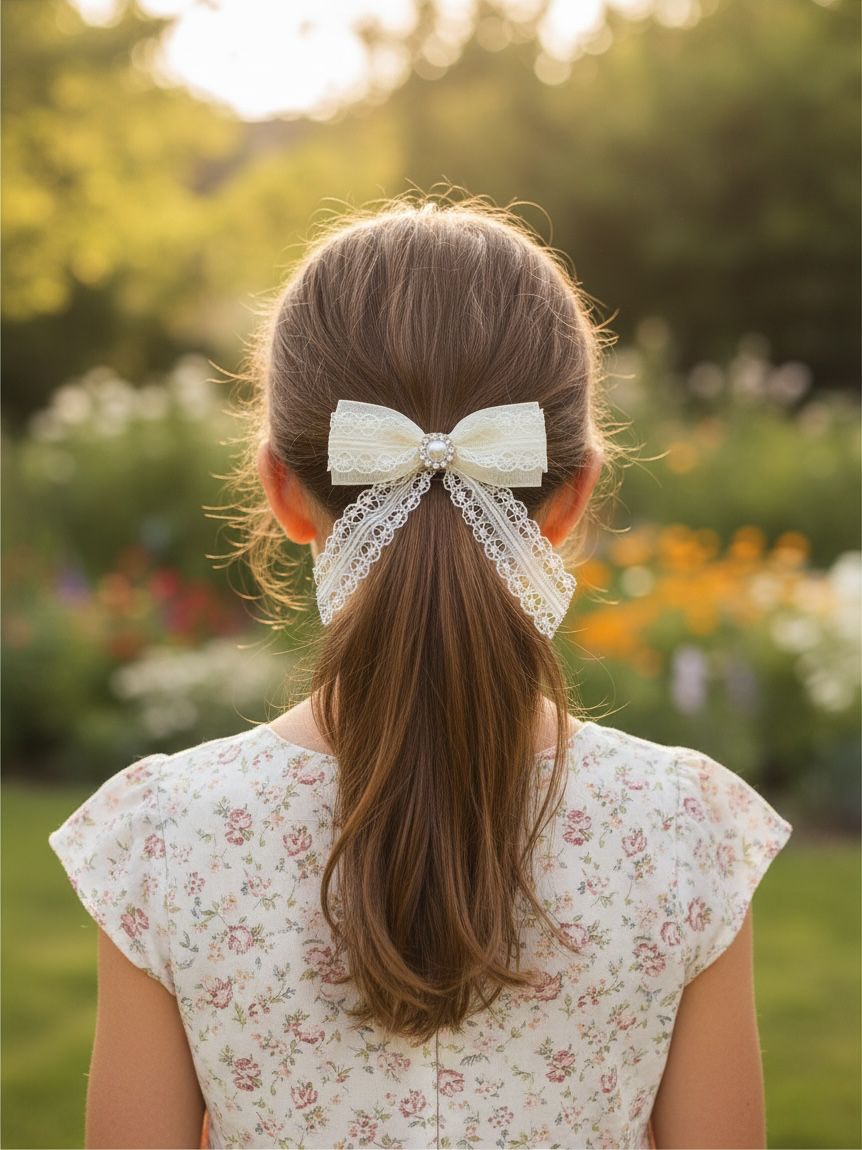 Ivory lace bow with long tails on a clip