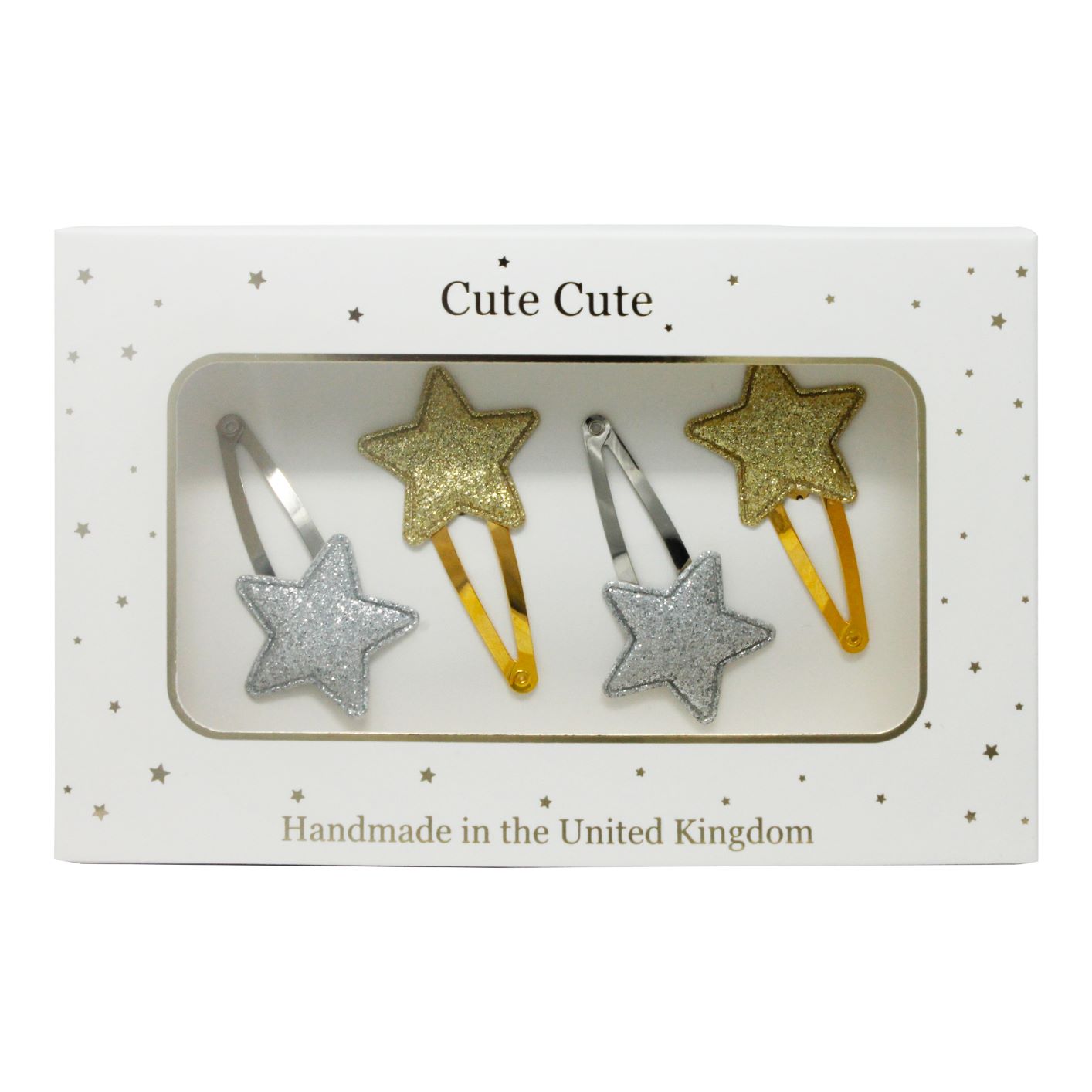 Gold and silver snap star set in a gold gift box