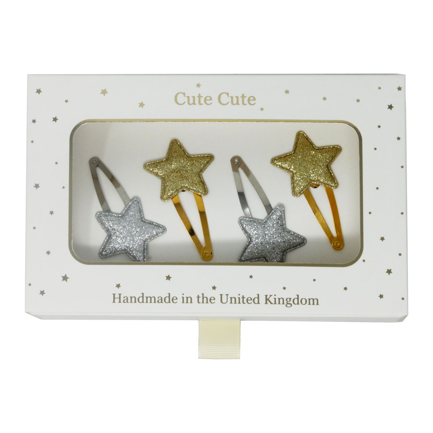 Gold and silver snap star set in a gold gift box
