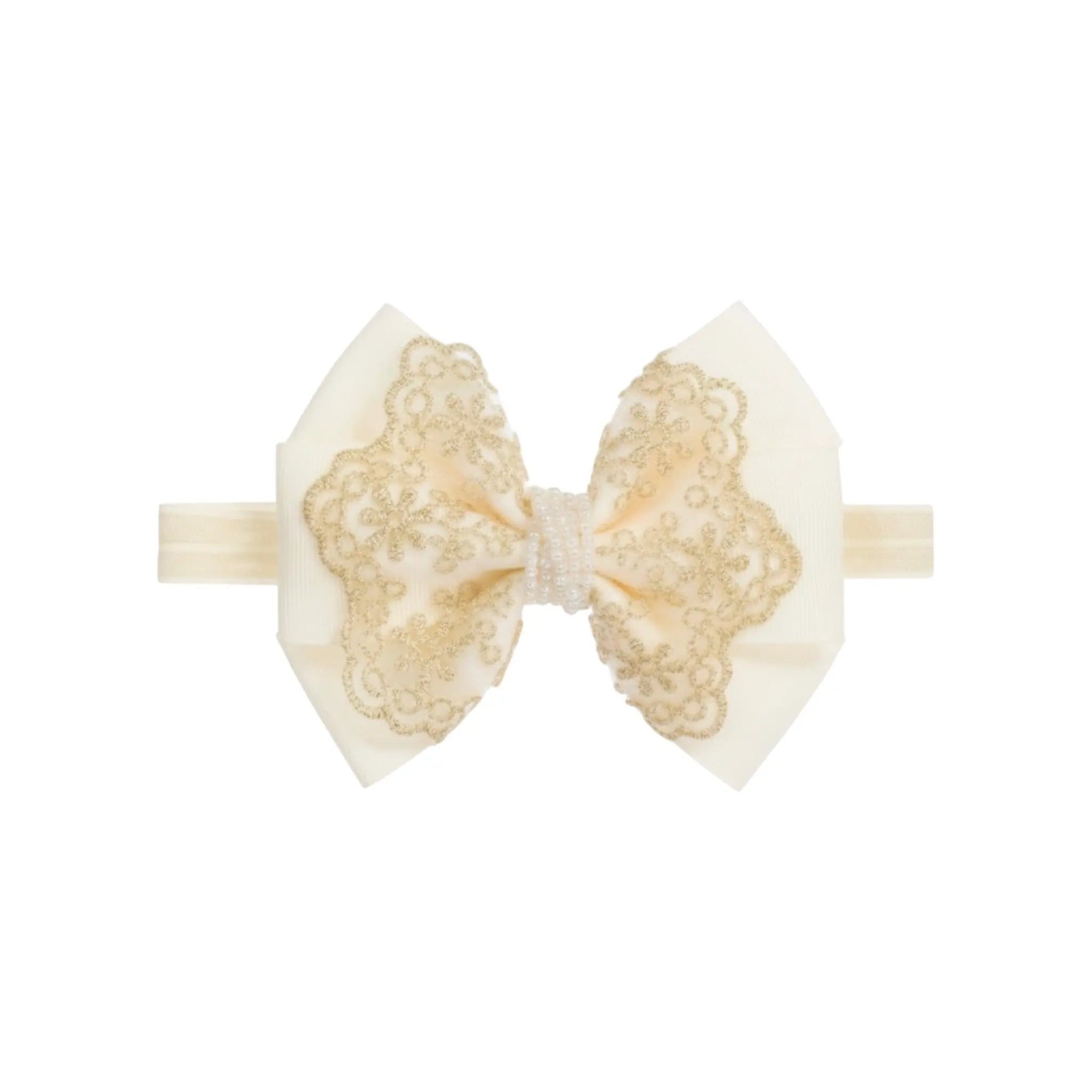 Oversized pink bow with gold lace and pearls on a headband Cute Cute