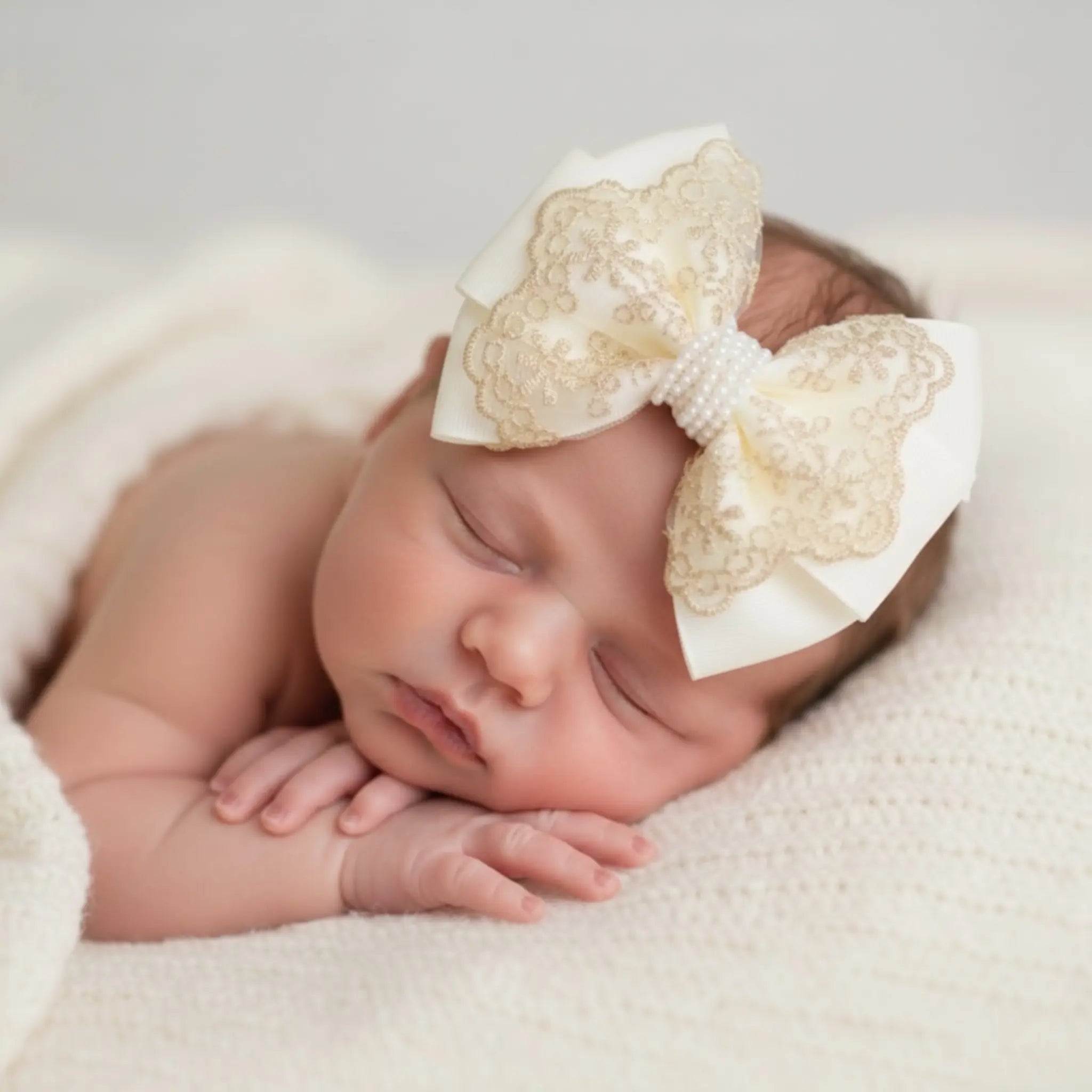 Oversized pink bow with gold lace and pearls on a headband Cute Cute