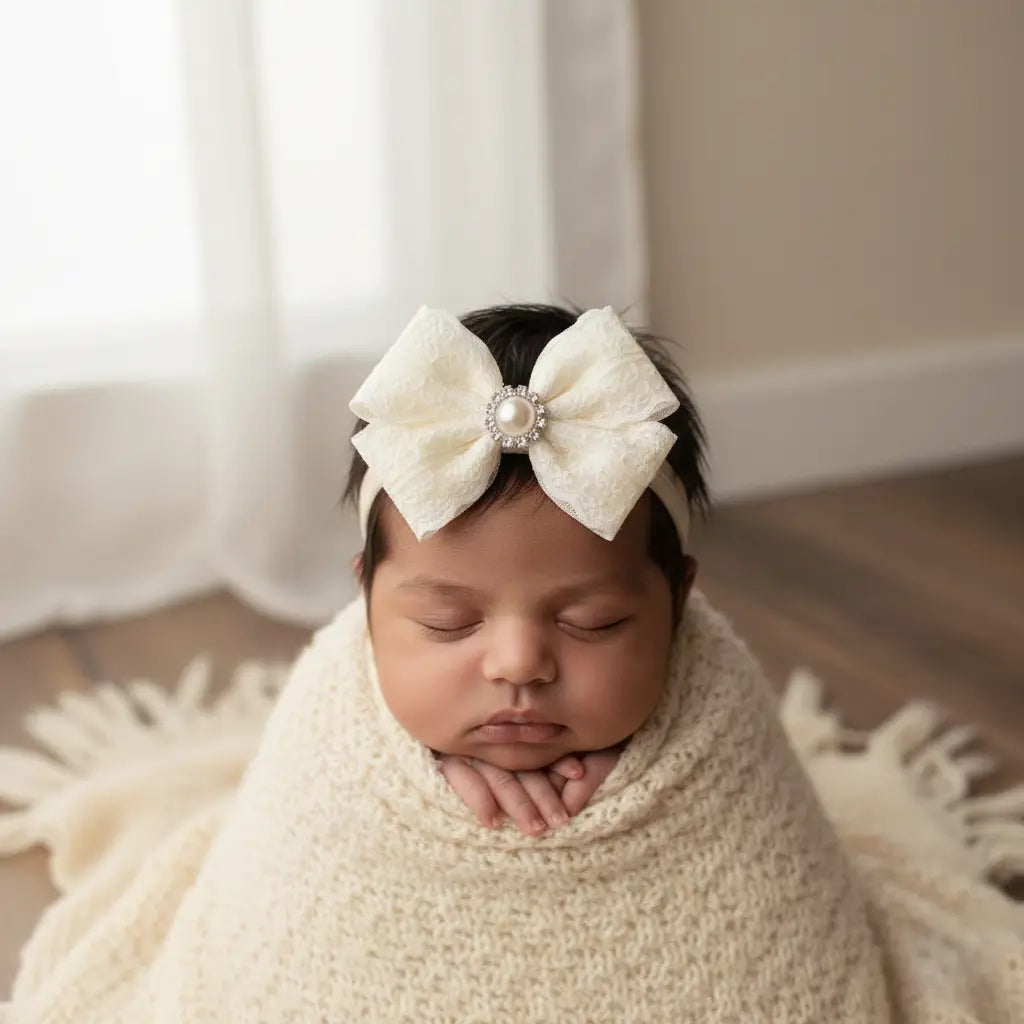 Satin and lace bow with pearl on a soft headband Cute Cute