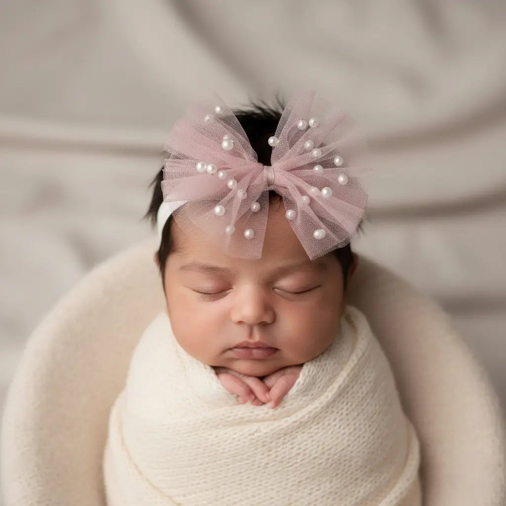 Chiffon bow with pearls on a soft headband Cute Cute