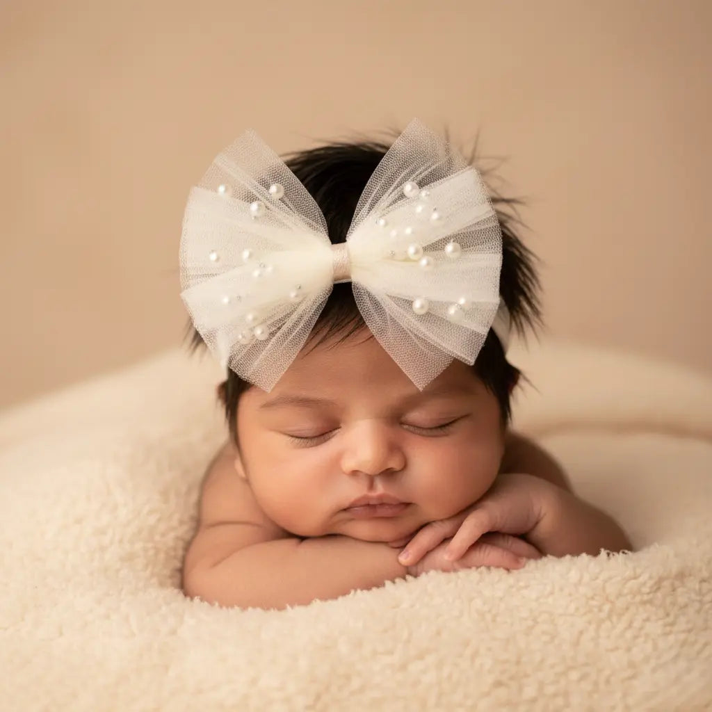 Chiffon bow with pearls on a soft headband Cute Cute