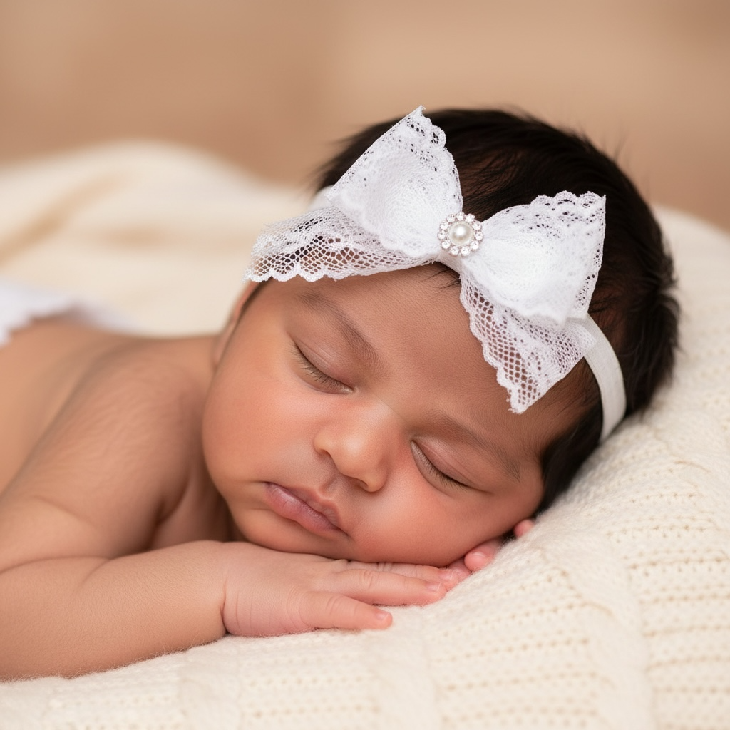 White lace bow with rhinestone on a soft headband