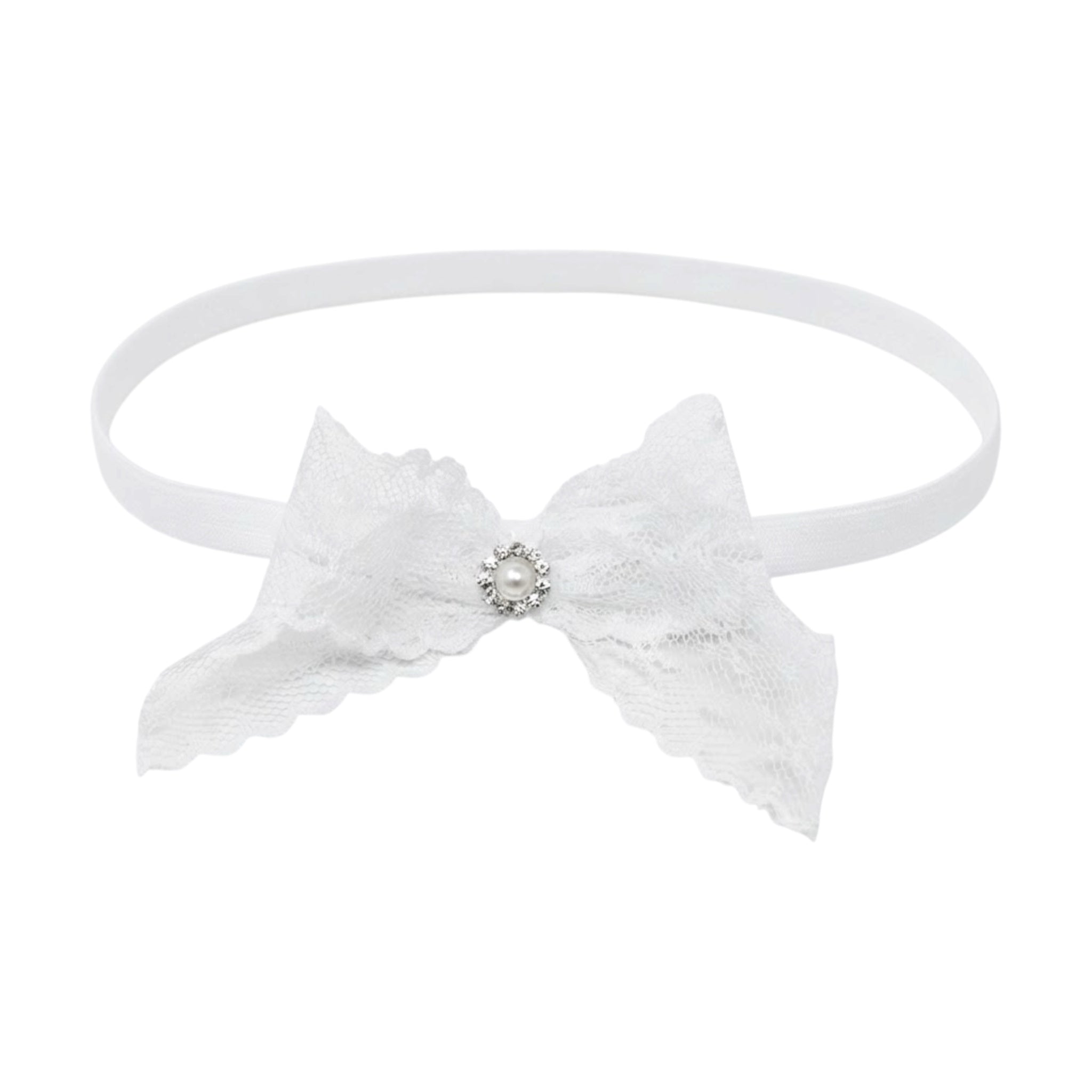 White lace bow with rhinestone on a soft headband