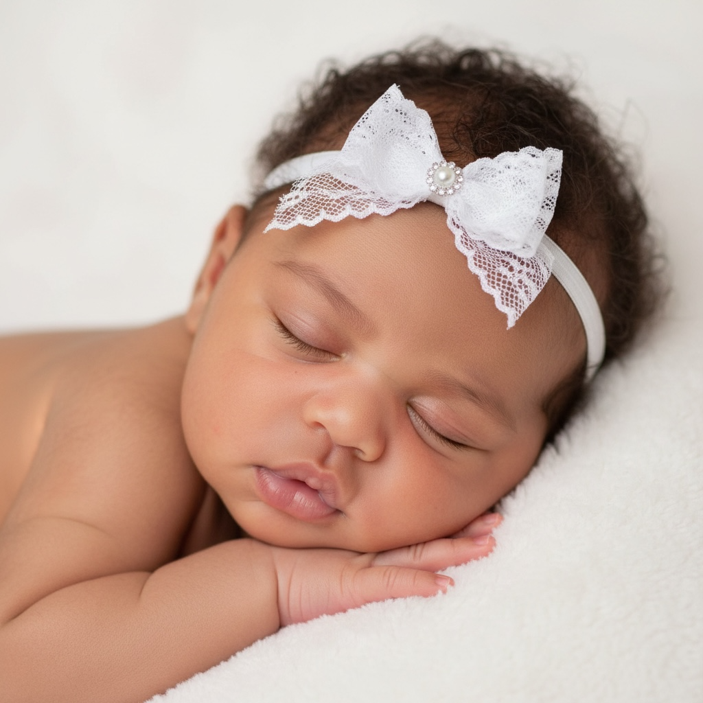 White lace bow with rhinestone on a soft headband
