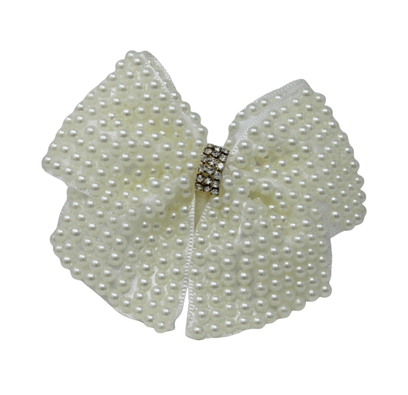 Pearl bow with tails rhinestone on a clip.