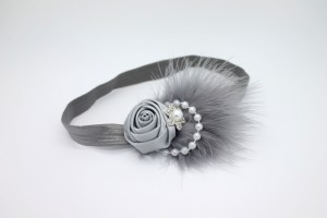 Grey rose with feather, pearls and rhinestone headband