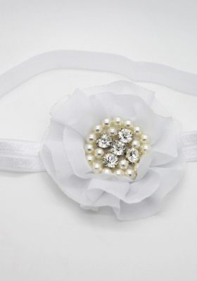 White chiffon flower with pearls and stones on soft elastic headband