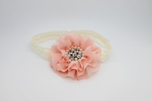 Baby peach round chiffon large flower with pearls and rhinestone