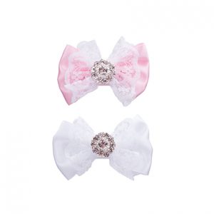 Satin bow with white lace and rhinestone in pink or white