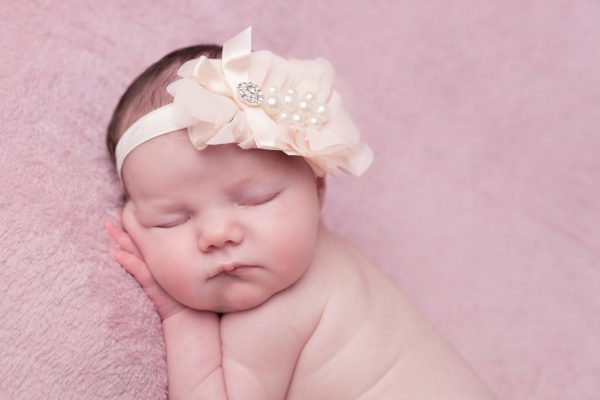 Light peach chiffon flower with rhinestone on soft elastic band