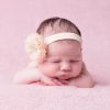 Champagne chiffon flower with sparkly rhinestone on soft elastic lace