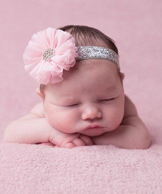 Baby pink chiffon flower with rhinestone on a silver glittery headband